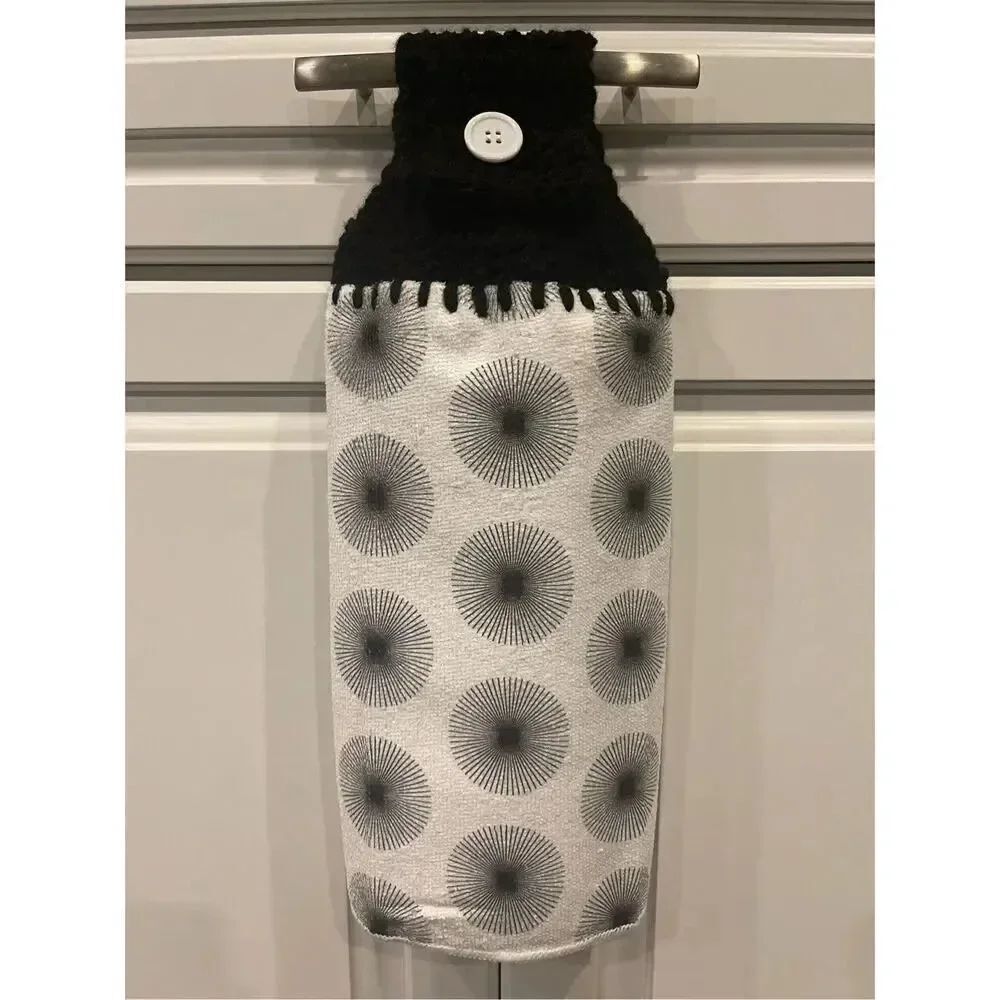 Crochet Top Kitchen Towel- Black and White Geometric Pattern